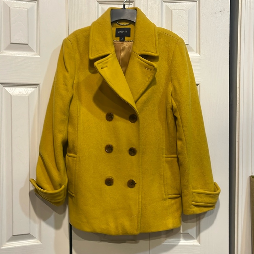 Lands End Yellow Chartreuse Wool Pea Coat Size 12.